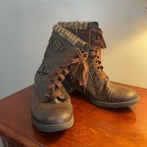 Brown combat boots with wool trim
